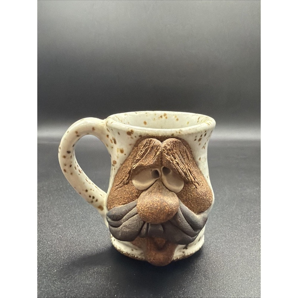 Vintage Small Ugly Face Stoneware Coffee Mug 3" Signed Handmade